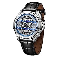 JUMPHOUR Men's Watch Black Leather Stainless Steel Case Double Sub-dial Automatic Mechanical WristWatches for Men JH