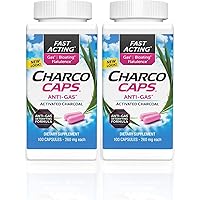 Charcocaps Fast Acting Gas Relief for Bloating & Flatulence, Drug Free Detoxifying Activated Charcoal Formula, 100 Capsules, 30 Day Supply, Pink- Pack of 2