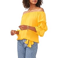 Vince Camuto Womens Yellow Textured Ruched Tie Elasticized Sheer Unlined 3/4 Sleeve Off Shoulder Top XXS