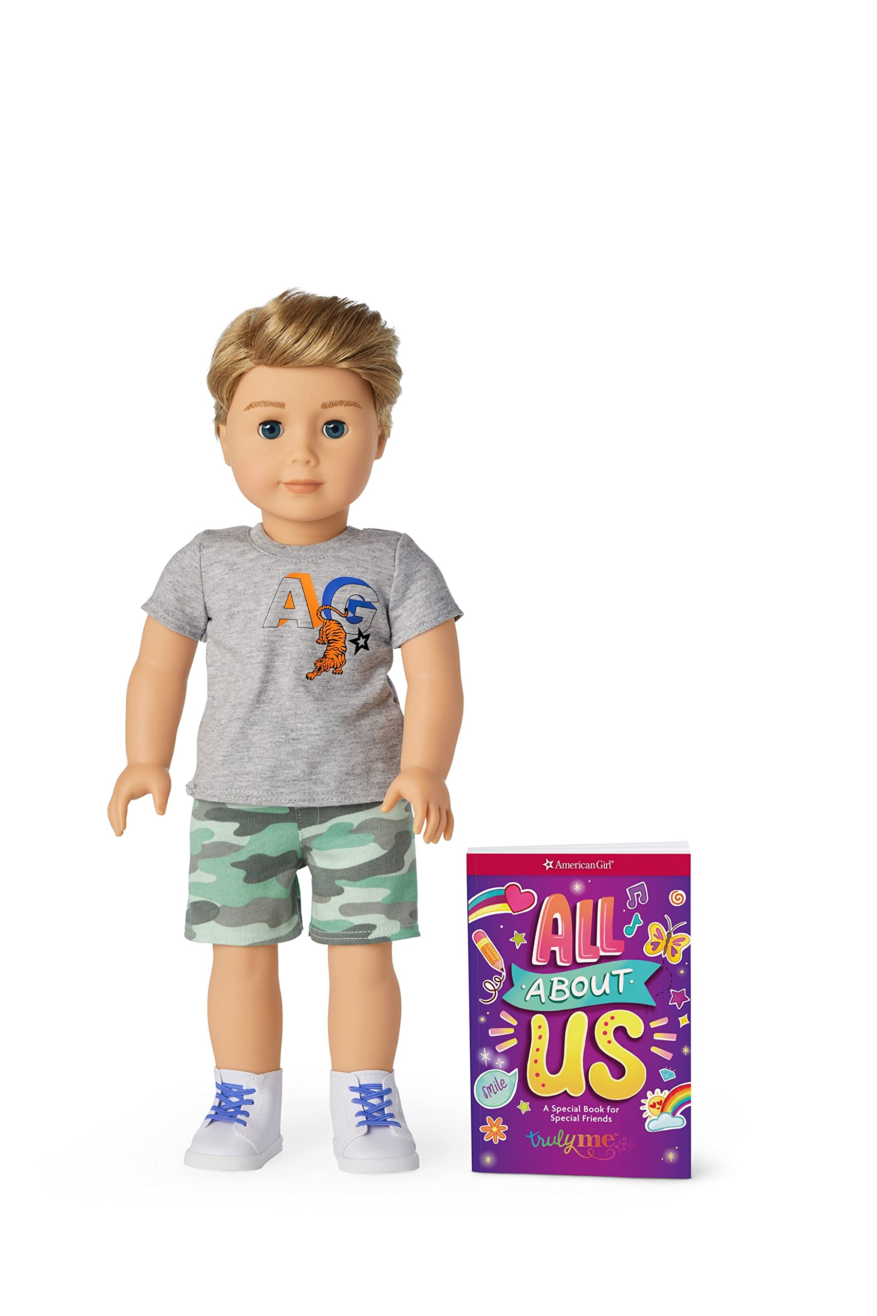 American Girl Truly Me 18-Inch Doll 104 with Dark-Blue Eyes, Straight Caramel Hair, Light Skin with Warm Olive Undertones, Camo Shorts and Grey T-Shirt