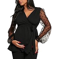 MakeMeChic Women's Maternity Polka Dots Mesh Lantern Sleeve Knot Side Peplum Pregnancy Blouses Shirts Tops