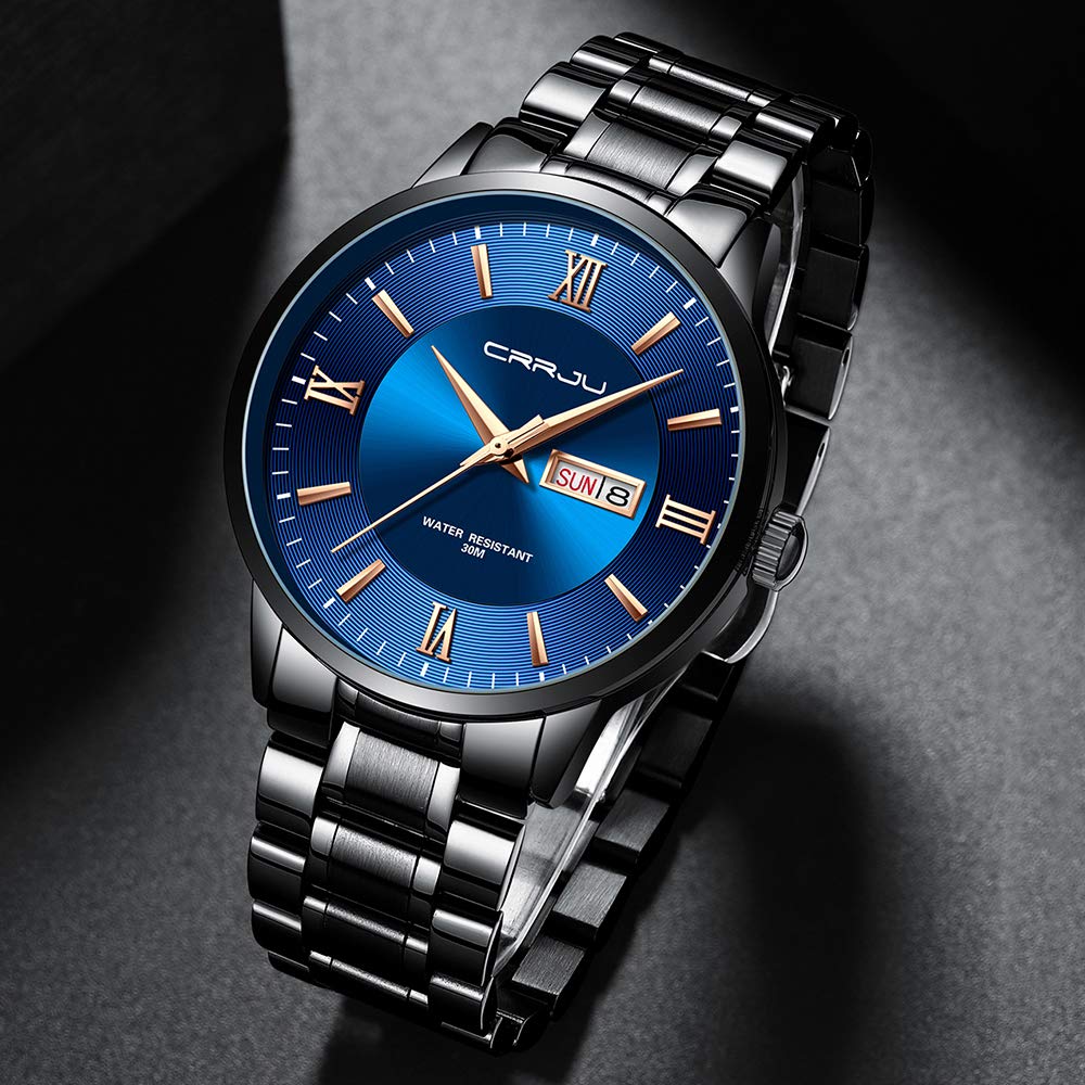 CRRJU Men's Fashion Luxury Stainless Steel Watches for Men Business Auto Date Chronograph Analog Quartz Wristwatches