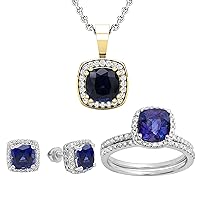Dazzlingrock Collection Cushion Blue Sapphire & White Diamond Halo Ring, Earring & Pendant Set for Women
