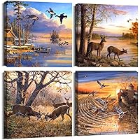 ArtHome520 Vintage Yellow Fall Landscape Wild Duck Wall Art Wildlife Canvas Printed Oil Painting Home Decor orange Animal Deer Picture for Living Room Modern Framed 4 Panel (12''x12''x4pcs)