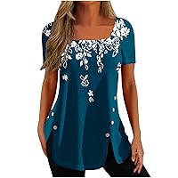 ZunFeo Blouses for Women Dressy Casual Floral Print Shirts Square Neck Tunic Tops Bodycon Flowy Boho Shirts Curved Hem
