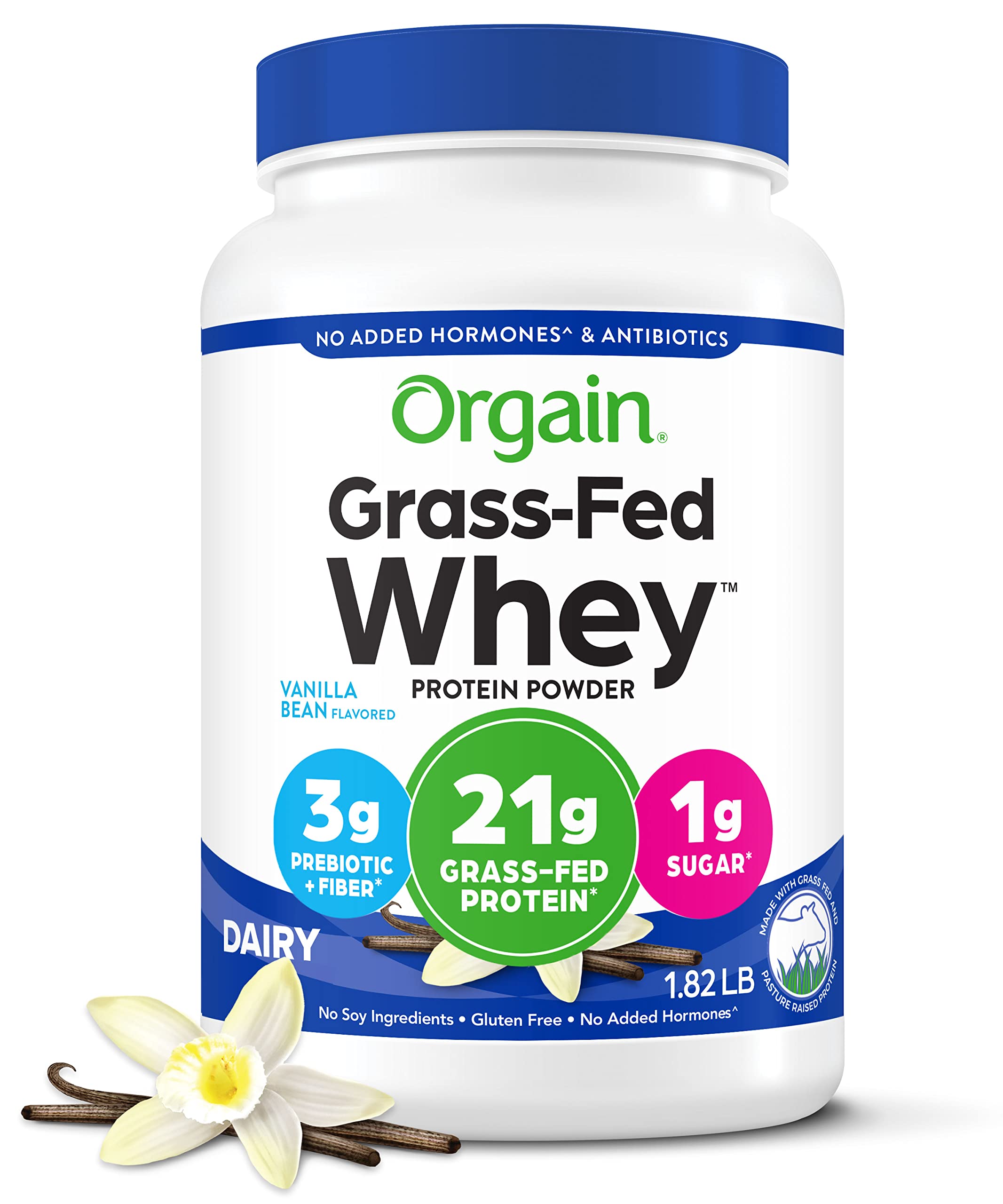 Orgain Whey Protein Powder, Vanilla Bean - 21g Grass Fed Dairy Protein, Gluten Free, Soy Free, No Sugar Added, Kosher, No Added Hormones or Carrageenan, For Smoothies & Shakes - 1.82lb