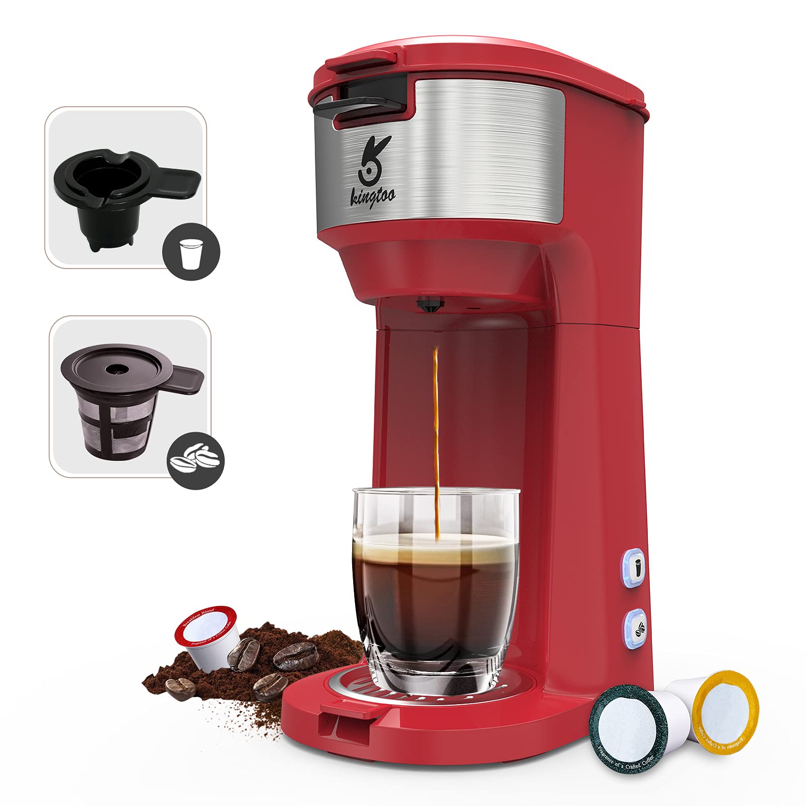 Single Serve Coffee Maker, KINGTOO Single Serve K Cup Coffee Maker for K-Cup Pod & Ground Coffee, Thermal Drip Instant Mini Coffee Machine with Sel...