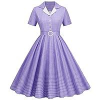 Women 1950s Vintage Short Sleeve Peter Pan Collar Retro Swing A Line Midi Dress Cocktail Party Evening Prom Gown