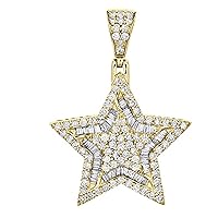 14K Yellow Gold Plated 925 Silver Round & Baguette Cut Clear DVVS1 Diamond Super Star Charm Pendant 1.50 inch