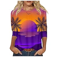 Womens Tops Dressy Casual 3/4 Sleeve Shirts Trendy Crewneck Blouses 2023 Floral Printed Cute T Shirt for Women