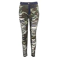 Andongnywell Ladies Ripped high-Waisted Camouflage Jeans with raw Edges Jean Trousers Distressed Camo Denim Pants