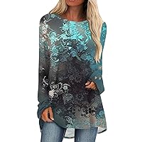 Medium Long Shirts for Women Long Sleeve Solid Color Loose Fit Tees Tops Fashion Tunic Round Neck Tunic Blouse