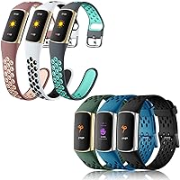 Maledan Compatible with Fitbit Charge 5 Bands for Women Men, 3 Pack Soft Silicone Band Sport Wrist Strap for Charge 5 Watch Accessories, White Black/Smoke Purple/Gray Teal, Small
