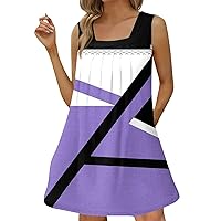 Mini Dresses for Women 2024, Womens Casual Square Neck Sleeveless Pleated Tank Print Beach Dress, S, 3XL