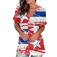 Plus Size Womens Stars Stripes Split Side Tunic Tops Summer July 4th Short Sleeve V Neck Casual Loose Fit T-Shirts