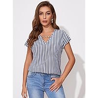Womens Summer Tops Cut Out Front Striped Top (Color : Blue and White, Size : X-Small)
