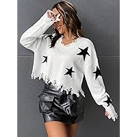 Jeans for Women Star Pattern Distressed Drop Shoulder Sweater Jeans for Women (Color : White, Size : Large)