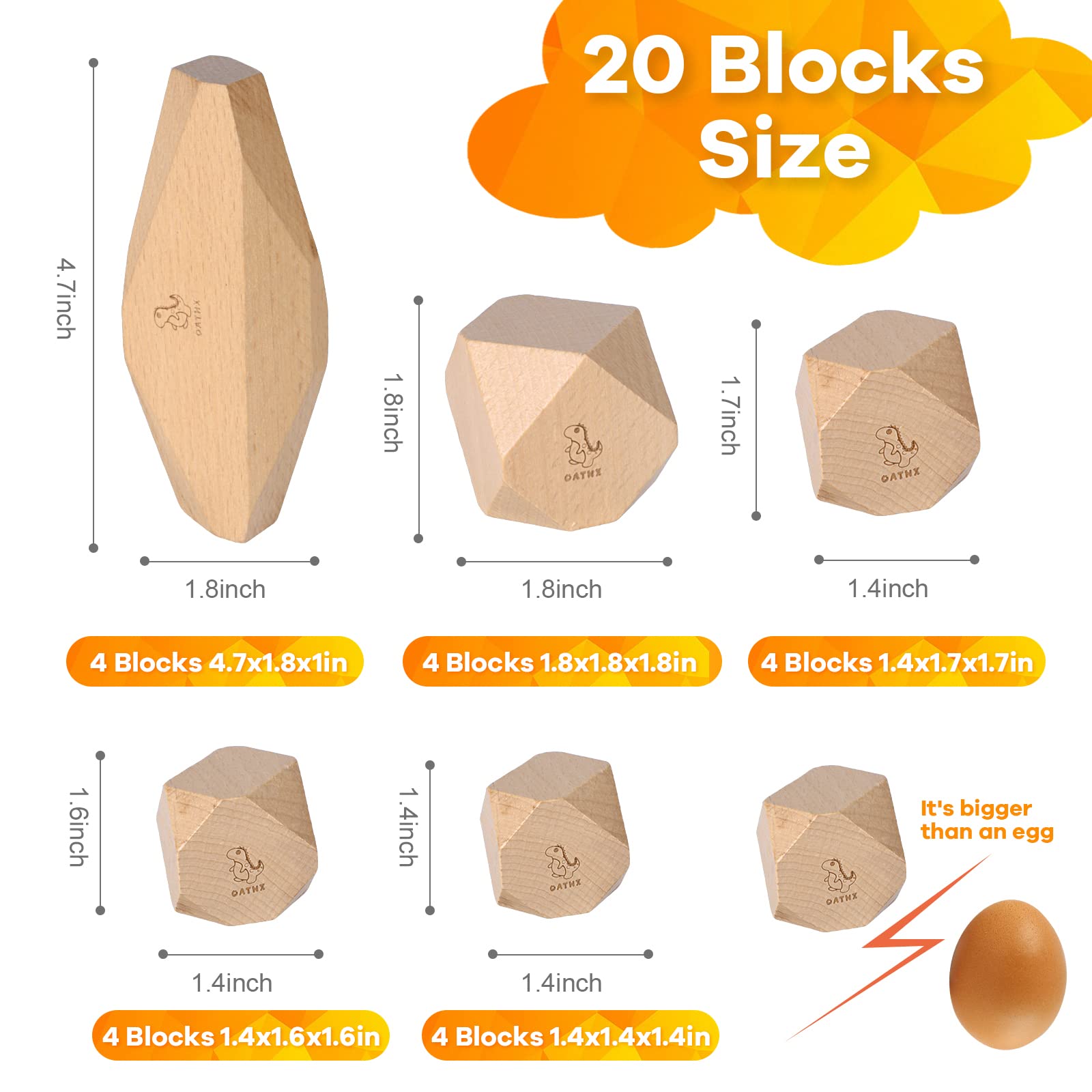 OATHX Montessori Toys Stacking Rocks Wooden Blocks Building Preschool Balancing Stones for Toddlers 1-3 Girls Boys Sensory Natural Wood 20pcs Large Size