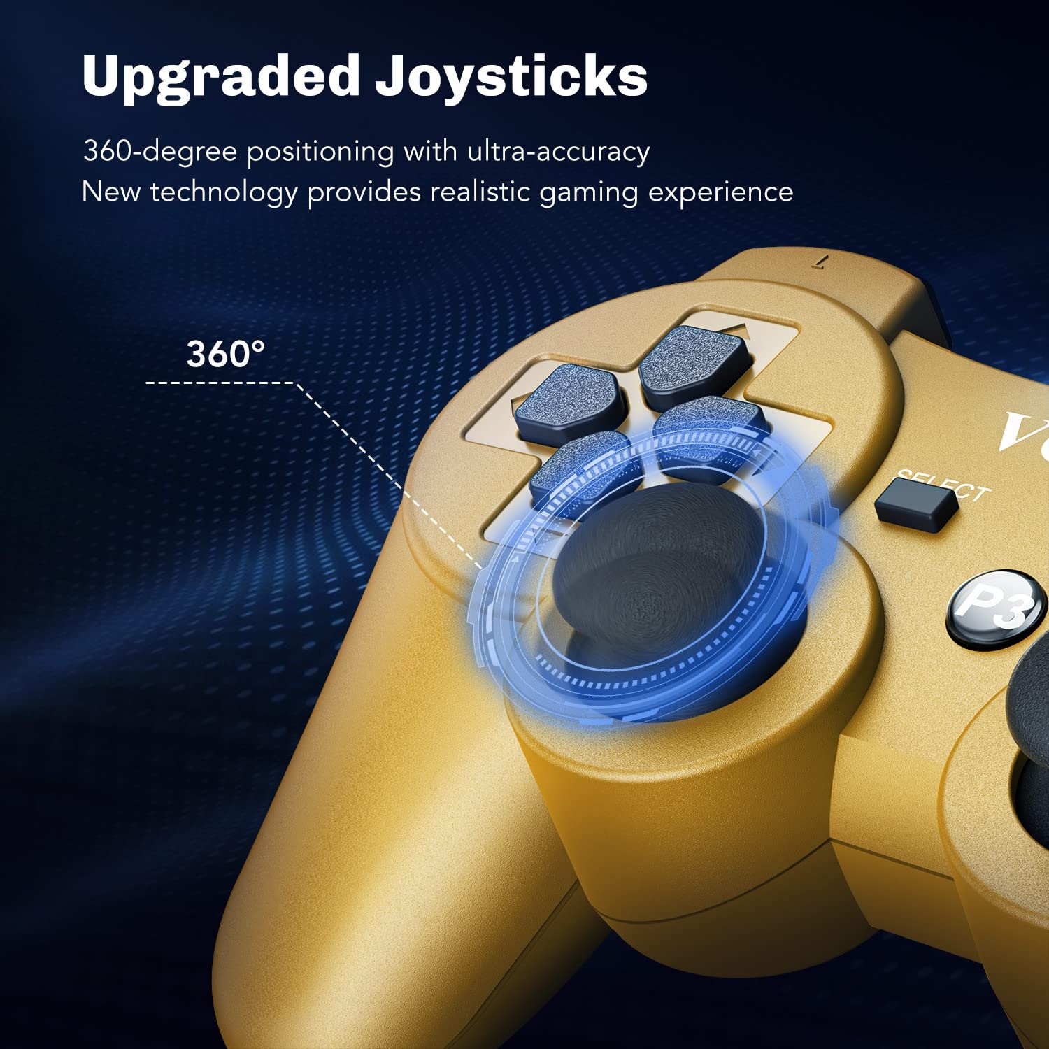 VOYEE Wireless Controller Compatible with Playstation 3 PS-3 Controller with Upgraded Joystick/Rechargerable Battery/Motion Control/Double Shock (Gold)