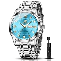OLEVS Watches for Men Classic Date Business Dress Luxury Large Dial Green/Black/Blue Waterproof Luminous Analog Two Tone Stainless Steel Men's Wrist Watch, Silver & Blue, Fashion, luxury, business