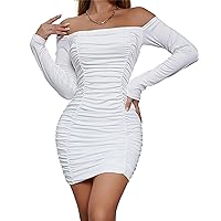 Ruched Off Shoulder Dress Party Wear Bandeau Bodycon Long Sleeve Dress Women's Clothing