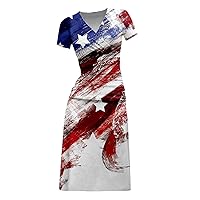 July 4th Women USA Flag Ruched High Waist Sheath Dress Short Sleeve Wrap V-Neck Casual Summer Patriotic Mid Dresses