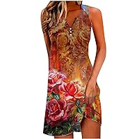 Beach Dresses for Women 2024 Vacation Sleeveless Mini Dress Vintage Floral Print V Neck Sexy Dress Summer Sundress