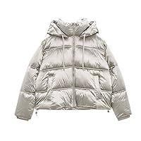 Women Quilted Shiny Puffer Jacket Hood Drawstring Metallic Coat Winter Warm Zip Long Sleeve Bubble Coats Padded Tops