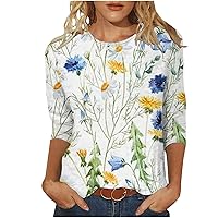 Women's Floral Print 3/4 Sleeve T-Shirts Casual Slim Fit Summer Tops Fashion T Shirts Ladies Sweatshirts Crewneck Clothes