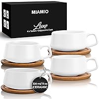 MIAMIO – 11 Oz., Set of 4 Ceramic Tea Cup and Saucer Bamboo/Tea Mug - Wide Cappuccino Cup, Coffee Cups Ceramic Mug for Cappuccino, Latte, Espresso & Americano - Luxe Collection (White)