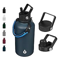BJPKPK Half Gallon Insulated Water Bottles with Straw Lid,64oz Large ,Stainless Steel Water Bottles with 3 Lids and Paracord Handle for Hot & Cold Liquid, Navy Blue