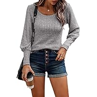 Women's T-Shirt Scoop Neck Ribbed Knit Tee T-Shirt for Women (Color : Gray, Size : X-Large)
