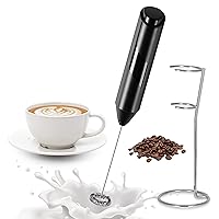 Electric Milk Frother Handheld with Stainless Steel Stand Battery Operated Whisk Drink Mixer for Coffee, Frappe, Latte, Matcha, Hot Chocolate, Black (1 Pack, Black)