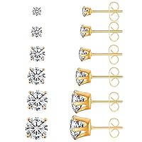 5-6 Pairs Stud Earrings Set for Womens Cubic Zirconia 316L Stainless Steel Earrings Girls Hypoallergenic CZ Tiny 3-8mm