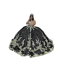 2024 Sparkly Sequin Fabric Gold Lace Embellishment Off Shoulder Ball Gown Quinceanera Prom Evening Dresses XV