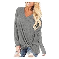 Womens Shirts for Work Women's Solid Color Stitching Knotted Not Off-Shoulder V Neck Long Sleeve Blouse Oversi
