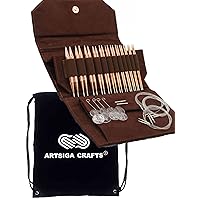Lykke Cypra 5-Inch (13cm) Interchangeable Circular Knitting Needle Set Copper US 3, 4, 5, 6, 7, 8, 9, 10, 10.5, 11, 13, & 15 with Brown Vegan Suede Case Bundle with Artsiga Crafts Project Bag