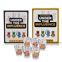 Under The Influence Games & Shot Glass Bundle- Drinking Games- 400 Cards, 6 Measuring Shot Glasses - Perfect for Adult Parties and Game Night