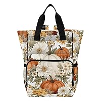 Vintage Flowers Fall Pumpkins Diaper Bag Backpack for Baby Boy Girl Large Capacity Baby Changing Totes with Three Pockets Multifunction Travel Diaper Bag for Picnicking