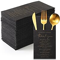 100 Plain Thank You Wedding Napkins Cocktail Napkins Newlyweds to Family Friends Guests with Built in Flatware Pocket Tissues Napkins Bridal Shower Rehearsal Dinner Party Supply (Black)
