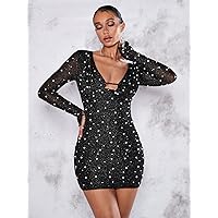 Women's Dress Pearls Beaded Cut Out Draped Front Split Cuff Bodycon Dress (Color : Black, Size : Small)