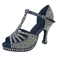 Womens Girls Salsa Dance Heels T-strap Latin Tango Dancing Shoes Platform Evening Sandals with Rhinestones X521