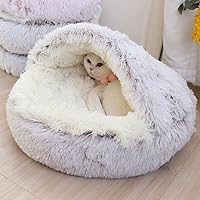 Small Dog Bed & Cat Bed, Round Donut Calming Cat Beds, Anti-Anxiety Cave Bed with Hooded Blanket for Warmth and Security - Machine Washable, Water/Dirt Resistant Base (Medium, Grey)