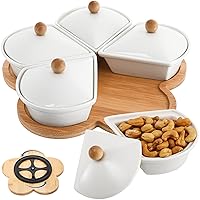 Lazy Susan Divided Serving Dishes Appetizer Tray, 5 Removable Ceramic Snack Bowls with Lids and Bamboo Platter, Relish Tray Nuts Dishes for Chips, Fruits, Candy
