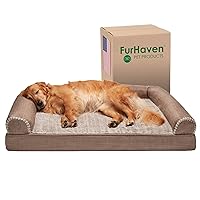 Furhaven Orthopedic Dog Bed for Large Dogs w/ Removable Bolsters & Washable Cover, For Dogs Up to 95 lbs - Luxe Faux Fur & Performance Linen Sofa - Woodsmoke, Jumbo/XL