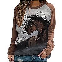 Horse Sweatshirts for Women, Long Sleeve 3D Horse Print Crew Neck Sweatshirt Casual Farm Loose Pullover Sweater Tops