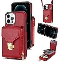 XYX Wallet Case for iPhone 13 Pro Max 6.7 Inch, PU Leather Zipper Handbag Purse Flip Case with Card Slots Holder Crossbody Adjustable Lanyard for iPhone 13 Pro Max, Red