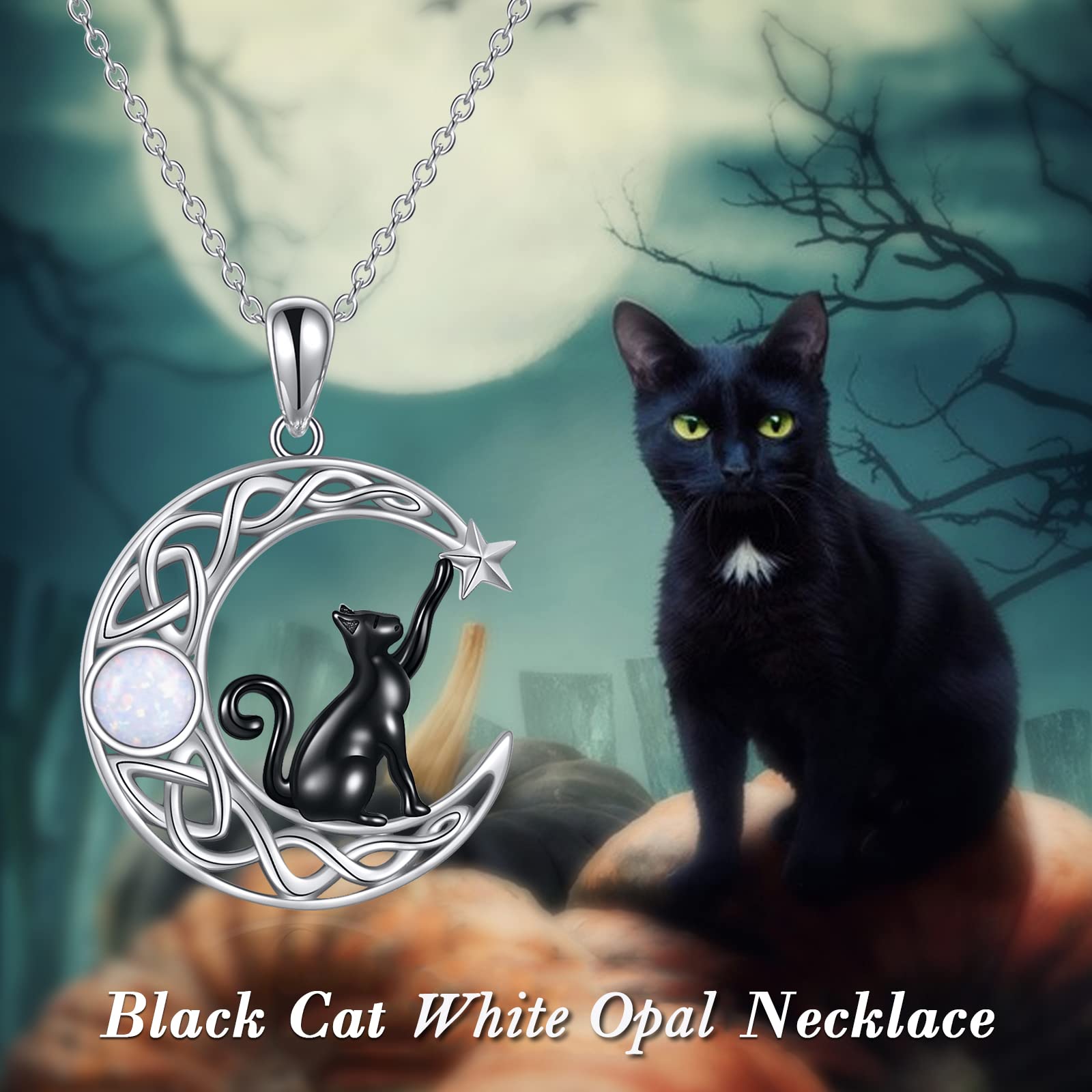VONALA 925 Sterling Silver Black Cat Necklace with Moon Pendant Jewellery Birthday Gifts for Women Teen Girls