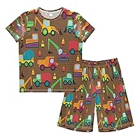 Boy's Summer Shorts Sets Excavator Colorful Hawaiian Shirt Sets Rainbow Kids Button Down Short Shirt & Pants 2 Pcs XS