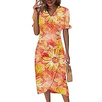 Beach Dresses for Women Summer Dresses for Women, 2024 Spring Summer Fashion Side Button Floral Dress, Short Sleeve V Neck Splice Dresses Orange Medium
